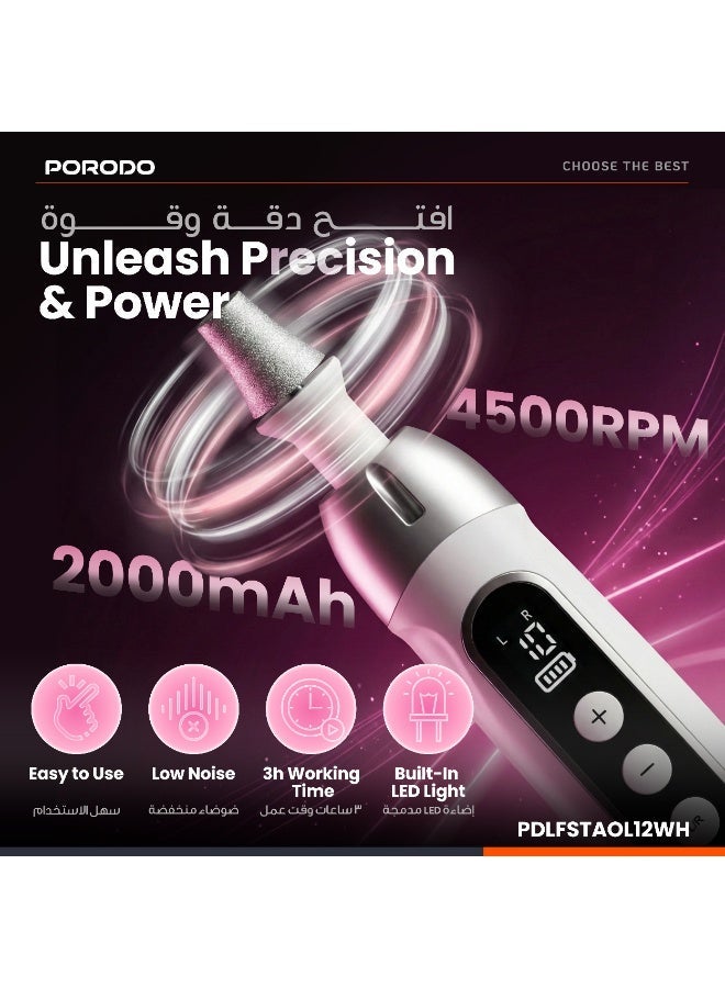 بورودو جهاز برد أظافر كهربائي قابل لإعادة الشحن 8 في 1، جهاز برد أظافر كهربائي لاسلكي لعمل مانيكير وباديكير جل، يزيل الجلد الميت والجلد المتصلب، مزود بإضاءة LED، دوران أمامي وخلفي، شحن USB-C، 10 مستويات سرعة، محرك 4500 دورة في الدقيقة، مبرد أظافر كهربائي احترافي للاستخدام في الصالونات والمنزل، طقم مانيكير وباديكير - أبيض - Image 3